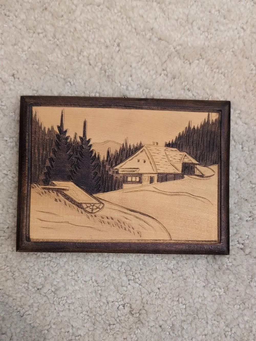 Handmade Wood Burned Alpine Cabin Wall Art - Natural Wood & Dark Burnt Detail